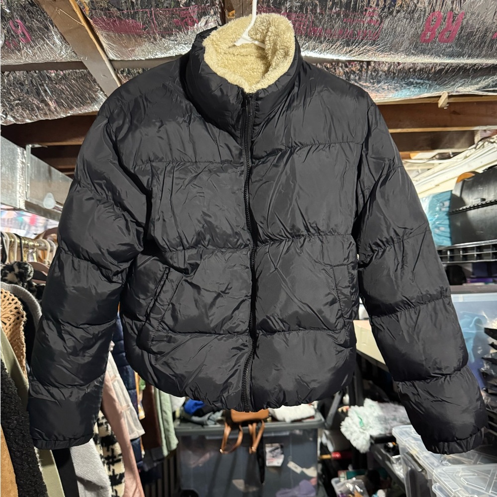Shein Black Jacket With Cream Fleece